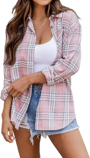 NUOREEL Womens Plaid Shirts Button Down Flannel Shirts Boyfriend Long Sleeve Shirts
