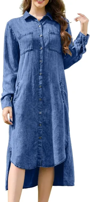 OVRUNS Women Denim Shirt Dress Long Sleeve Roll-Tab Cuffs Lapel High-Low Hem Midi Length Button Down Jean Dress with Pockets