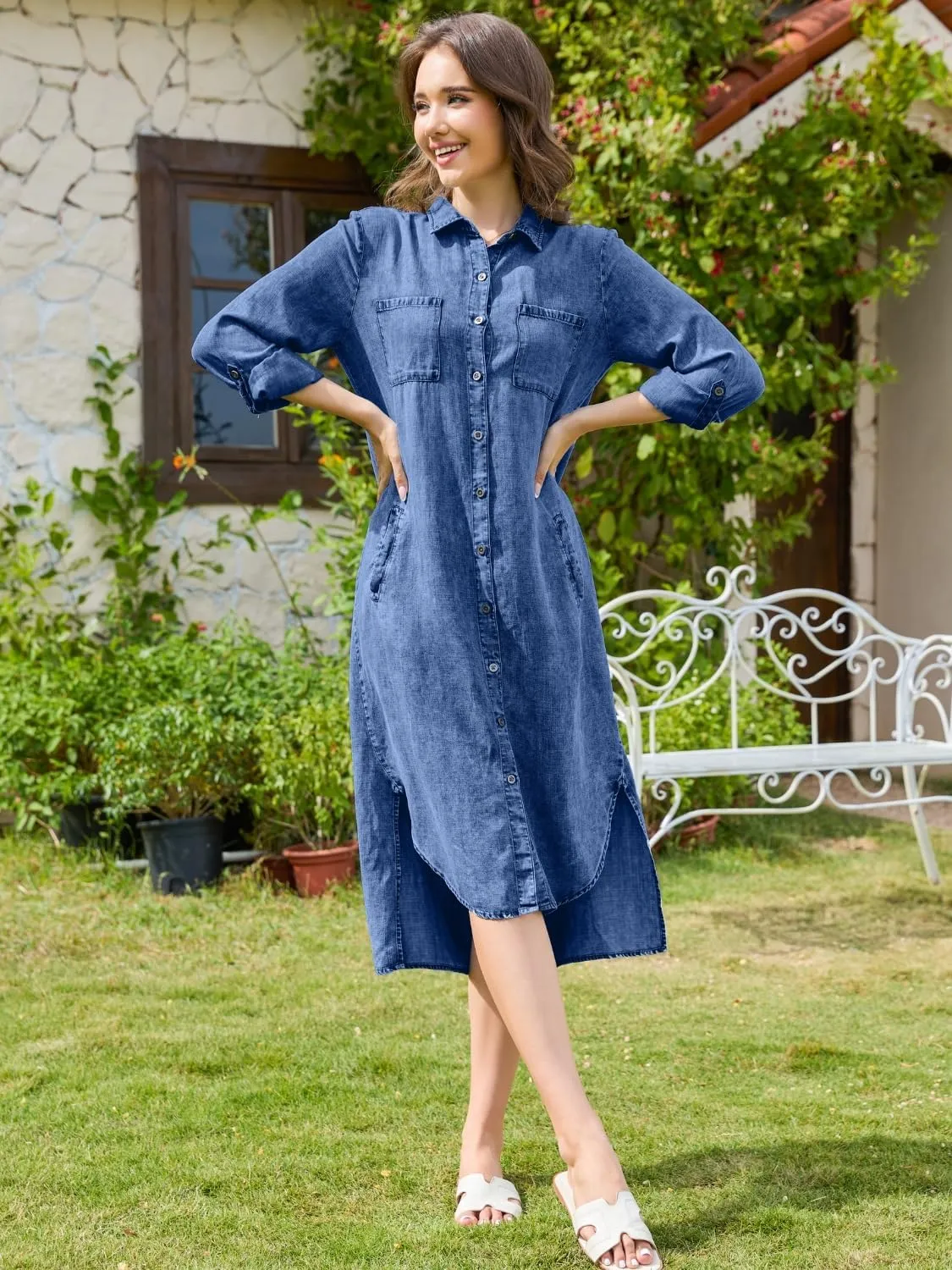 OVRUNS Women Denim Shirt Dress Long Sleeve Roll-Tab Cuffs Lapel High-Low Hem Midi Length Button Down Jean Dress with Pockets