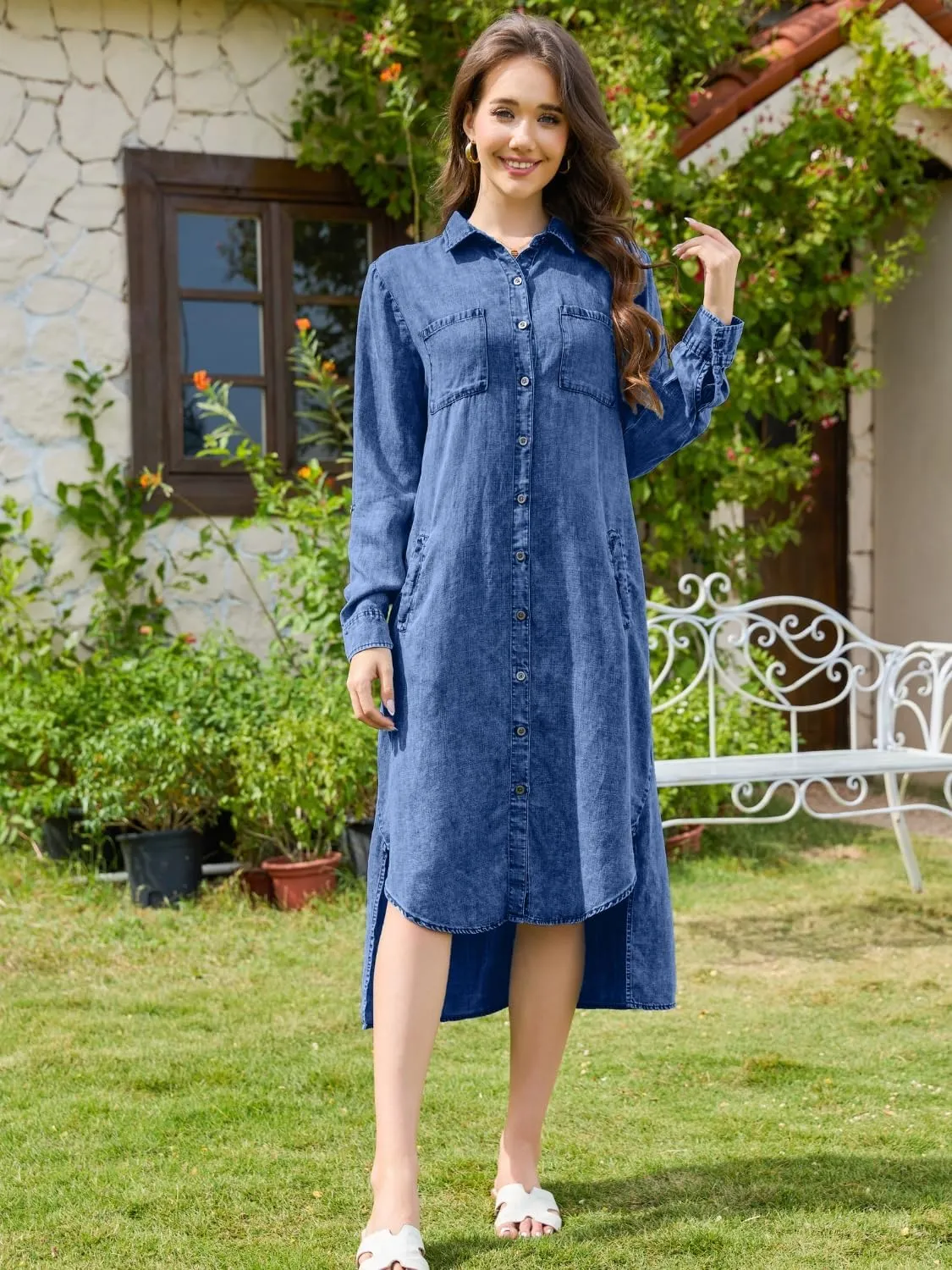 OVRUNS Women Denim Shirt Dress Long Sleeve Roll-Tab Cuffs Lapel High-Low Hem Midi Length Button Down Jean Dress with Pockets