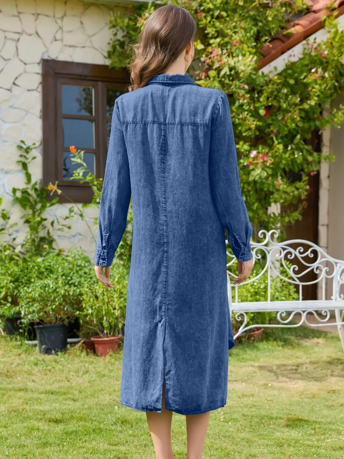 OVRUNS Women Denim Shirt Dress Long Sleeve Roll-Tab Cuffs Lapel High-Low Hem Midi Length Button Down Jean Dress with Pockets