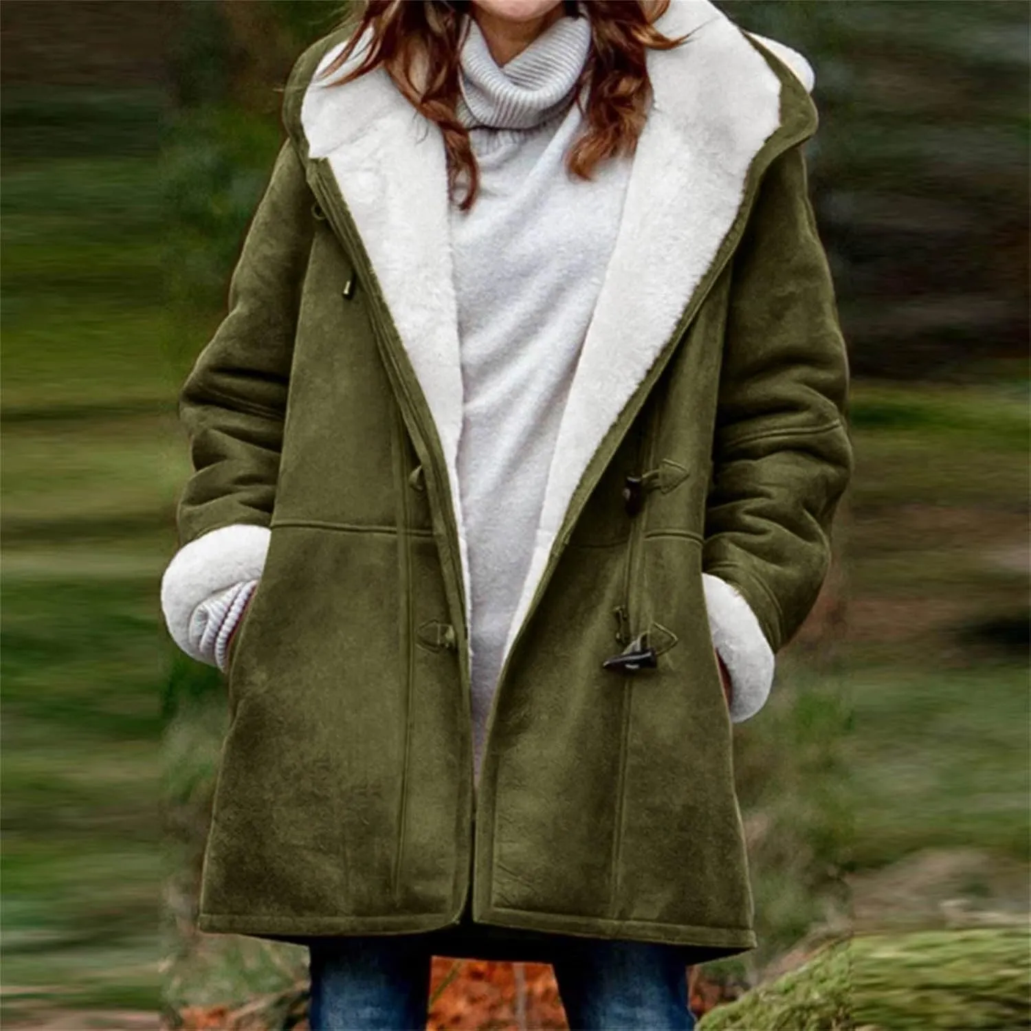 Plus Size Winter Coats For Women 2024 Warm Sherpa Fleece Lined Jackets Horn Button Hooded Suede Pea Coat Outerwear