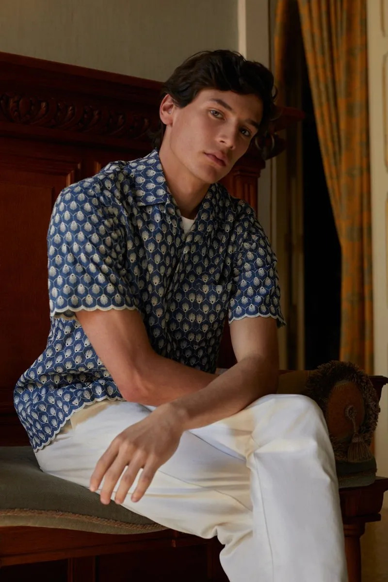 Portuguese Flannel Denim Embroidery Shirt (Blue)