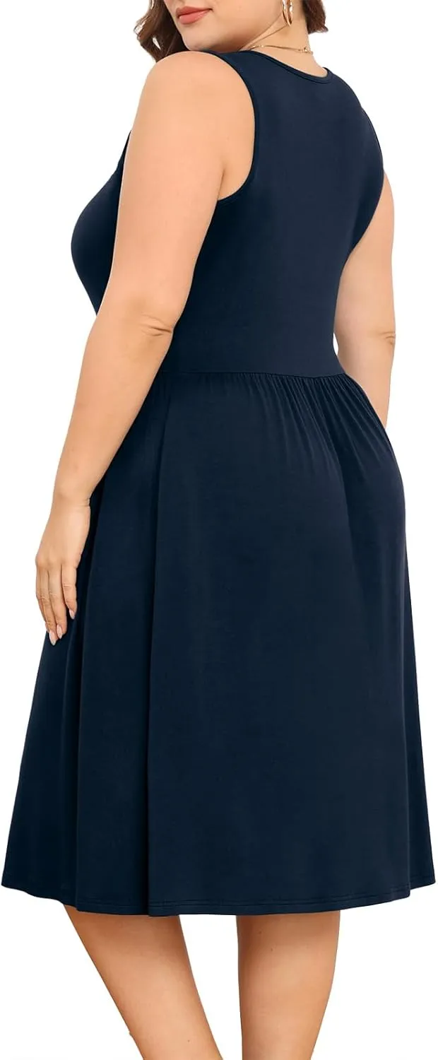 POSESHE Womens Plus Size Dress 2024 Summer Round Neck Sleeveless Casual Empire Waist Loose Fit Swing Tank Dress with Pockets
