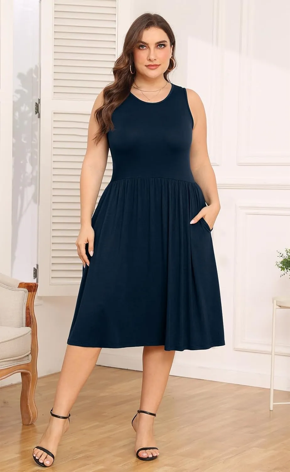 POSESHE Womens Plus Size Dress 2024 Summer Round Neck Sleeveless Casual Empire Waist Loose Fit Swing Tank Dress with Pockets