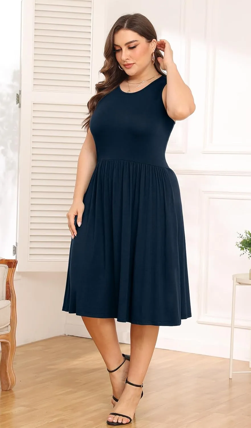 POSESHE Womens Plus Size Dress 2024 Summer Round Neck Sleeveless Casual Empire Waist Loose Fit Swing Tank Dress with Pockets