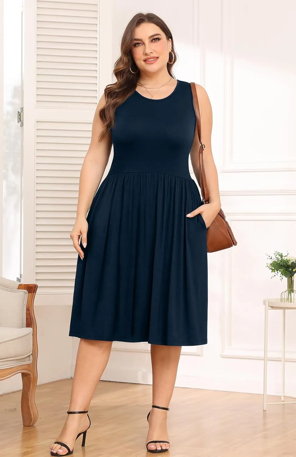 POSESHE Womens Plus Size Dress 2024 Summer Round Neck Sleeveless Casual Empire Waist Loose Fit Swing Tank Dress with Pockets