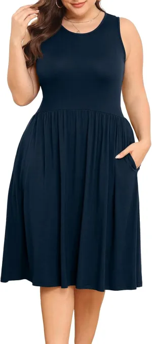POSESHE Womens Plus Size Dress 2024 Summer Round Neck Sleeveless Casual Empire Waist Loose Fit Swing Tank Dress with Pockets