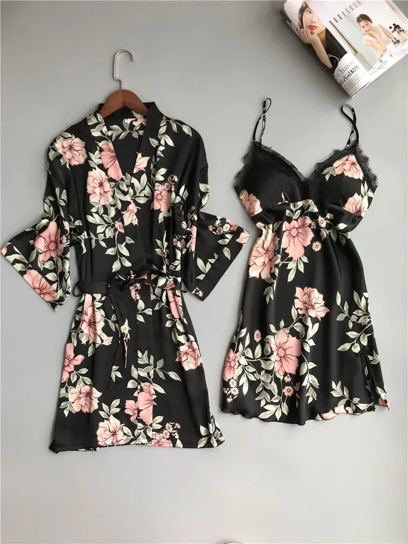 Satin Style Pajamas and Lace Robe