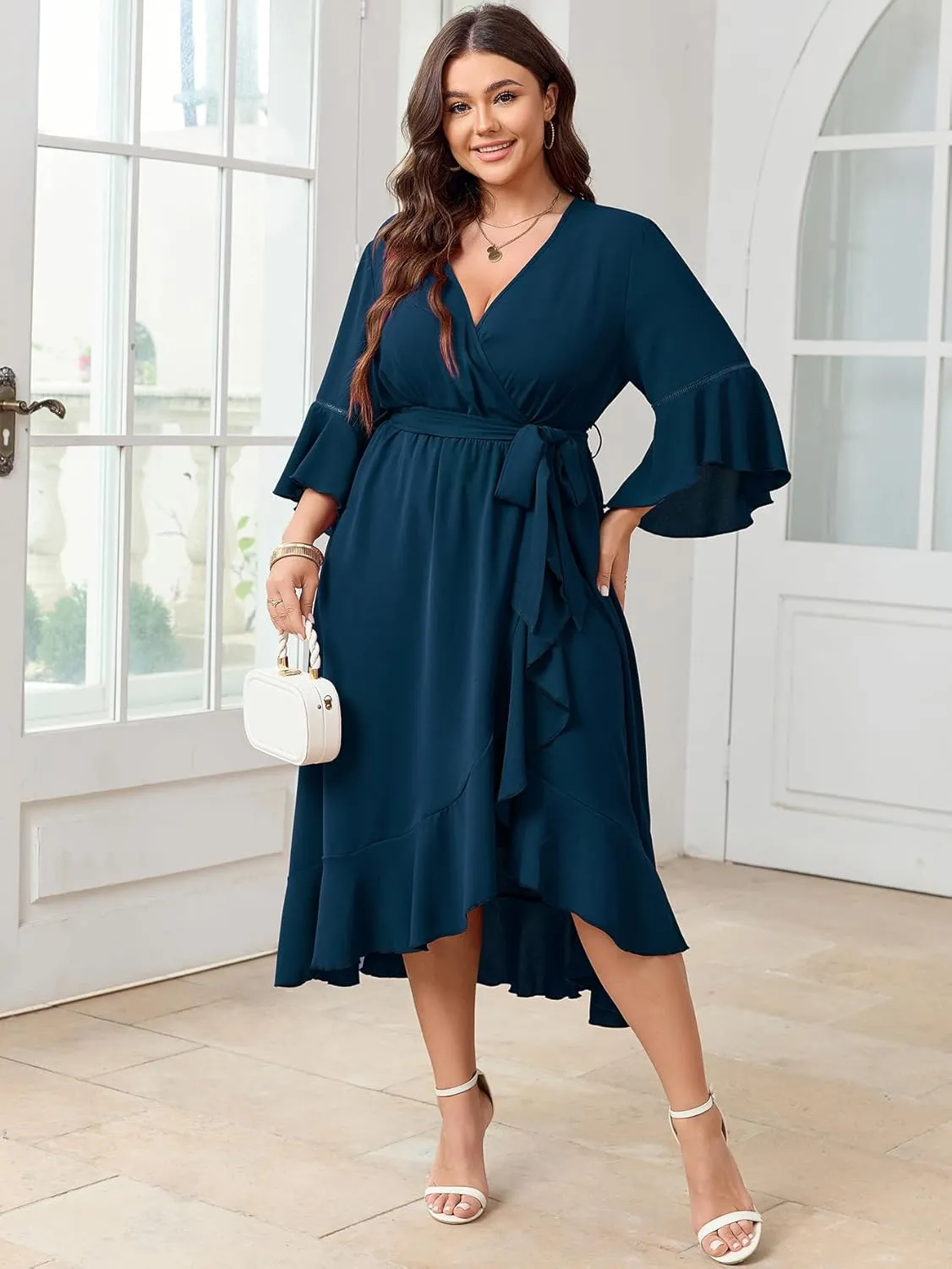 SCOMCHIC Womens Plus Size Wedding Guest Dress Fall 3/4 Sleeve Wrap V Neck High Low Ruffle Hem Maxi Cocktail Formal Dresses
