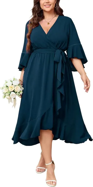 SCOMCHIC Womens Plus Size Wedding Guest Dress Fall 3/4 Sleeve Wrap V Neck High Low Ruffle Hem Maxi Cocktail Formal Dresses