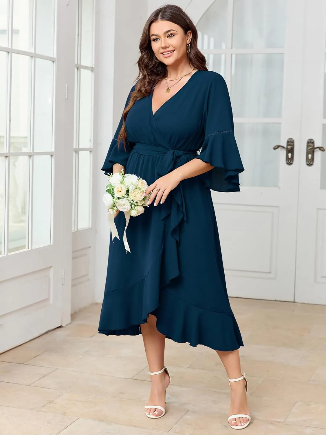 SCOMCHIC Womens Plus Size Wedding Guest Dress Fall 3/4 Sleeve Wrap V Neck High Low Ruffle Hem Maxi Cocktail Formal Dresses