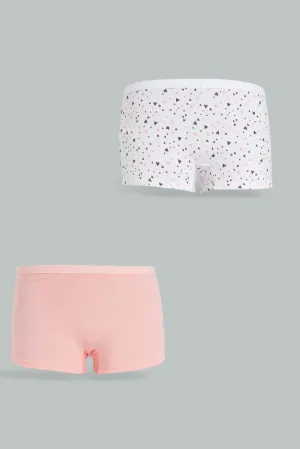 Senior Girls White and Pink Boxer Short Set (Pack Of 2)