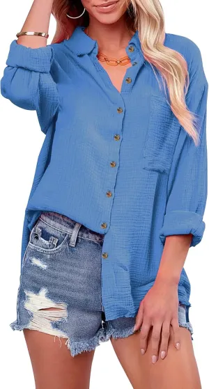 siliteelon Womens Button Down Shirts Cotton Long Sleeve Oversized Boyfriend Blouses Collared Dress Tops with Pockets - True Blue XXL