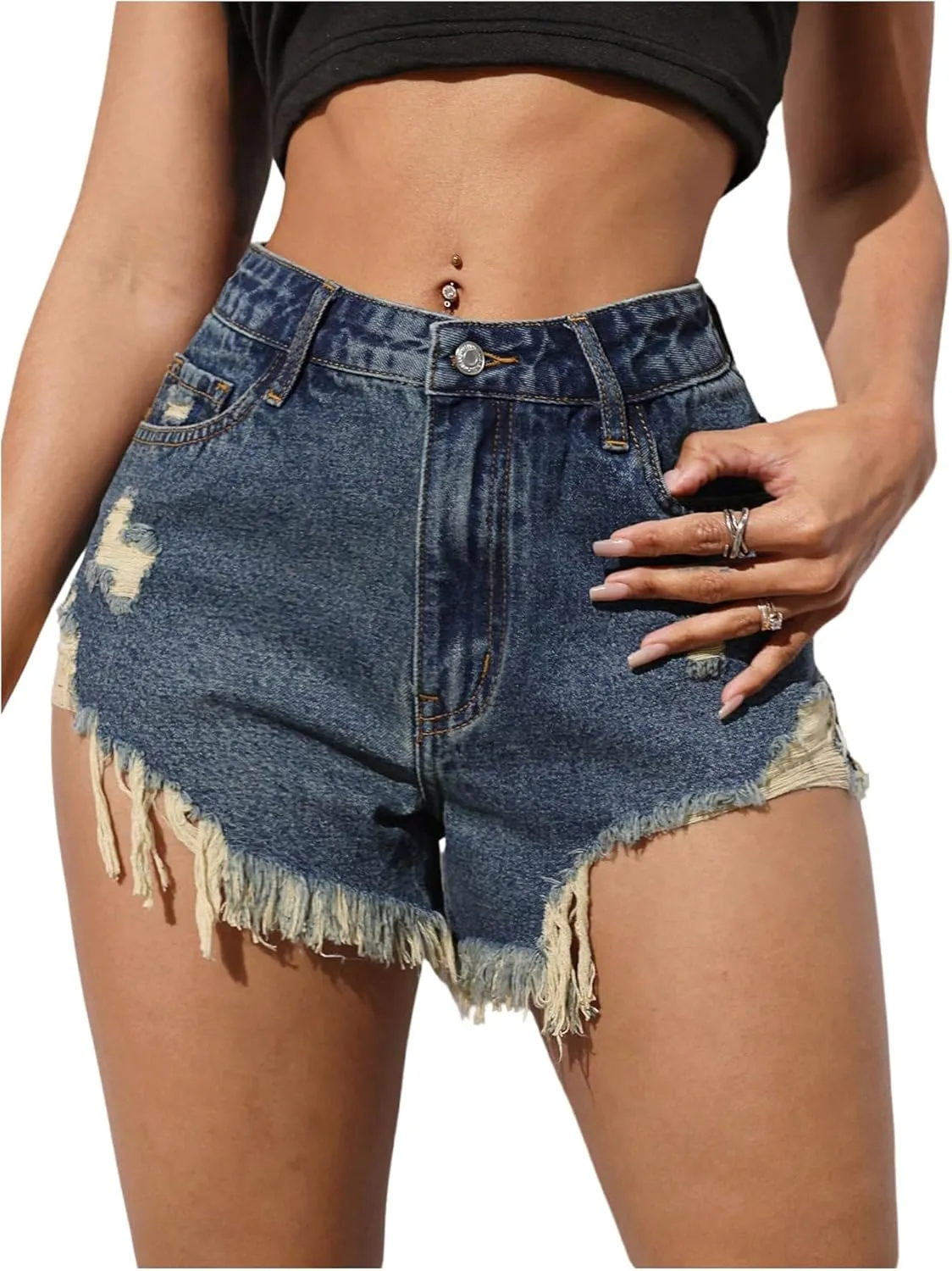 SOLY HUX Women's Ripped Jean Shorts Raw Hem Distressed Denim Shorts Streetwear