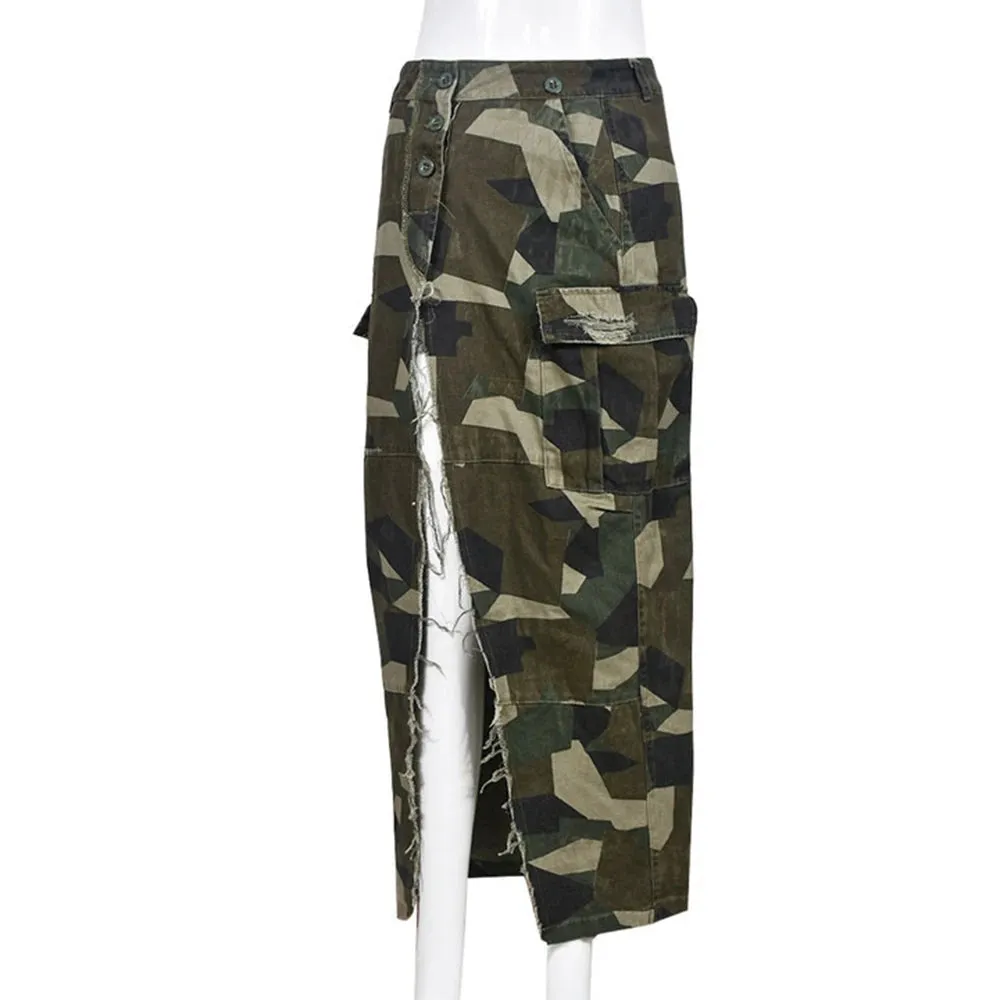 Split Summer Skirts For Women High Waist Camouflage Patchwork Button A Line Skirt Female Fashion Clothing
