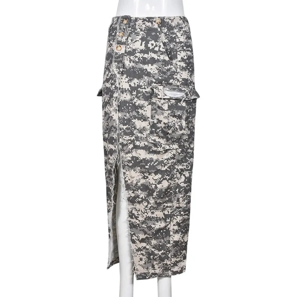 Split Summer Skirts For Women High Waist Camouflage Patchwork Button A Line Skirt Female Fashion Clothing