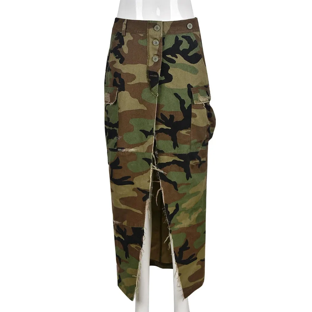 Split Summer Skirts For Women High Waist Camouflage Patchwork Button A Line Skirt Female Fashion Clothing