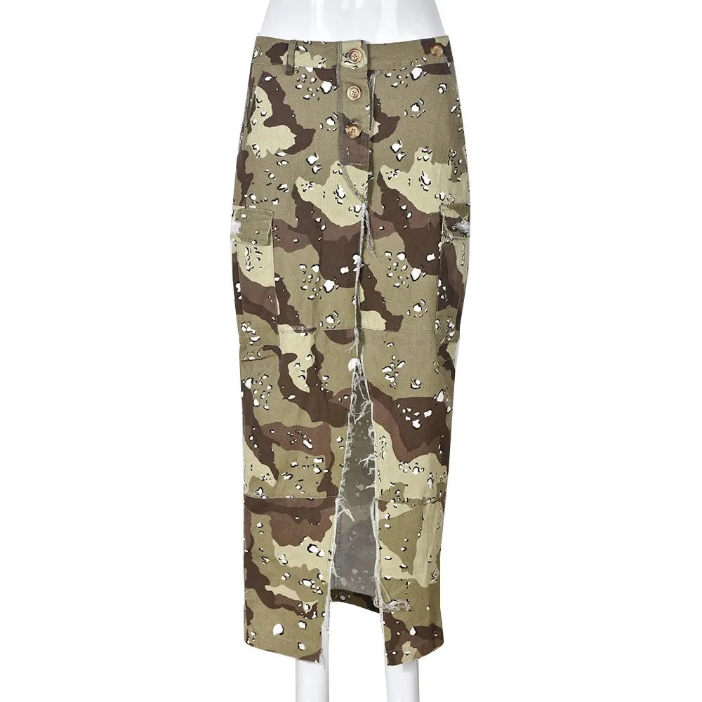 Split Summer Skirts For Women High Waist Camouflage Patchwork Button A Line Skirt Female Fashion Clothing