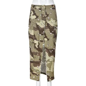 Split Summer Skirts For Women High Waist Camouflage Patchwork Button A Line Skirt Female Fashion Clothing