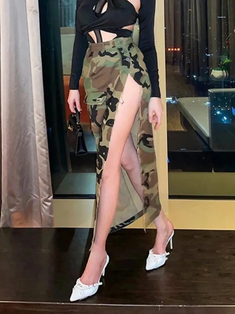 Split Summer Skirts For Women High Waist Camouflage Patchwork Button A Line Skirt Female Fashion Clothing