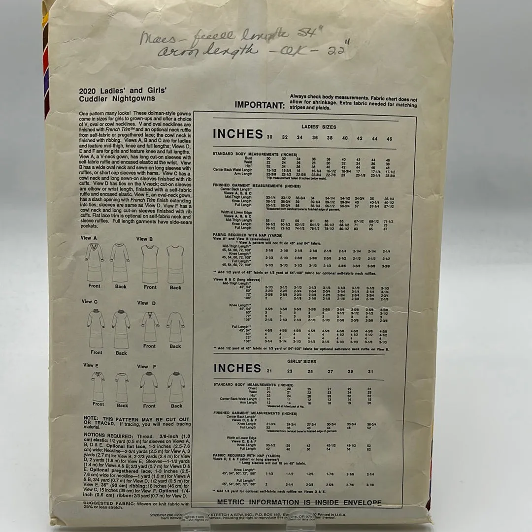 STRETCH N SEW Pattern, Ladies & Girls Cuddler Nightgowns (PSS2020)