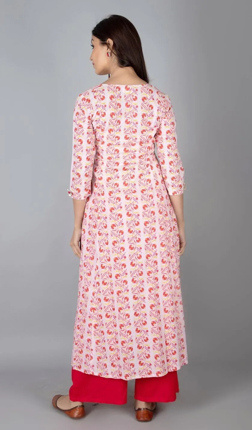 SVARCHI Women's Cotton Cambric Printed A-Line Kurta (Light Pink & Red)