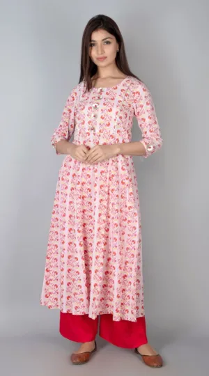 SVARCHI Women's Cotton Cambric Printed A-Line Kurta (Light Pink & Red)
