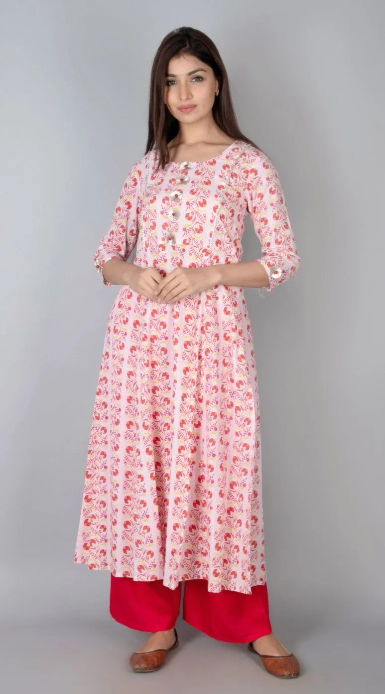SVARCHI Women's Cotton Cambric Printed A-Line Kurta (Light Pink & Red)