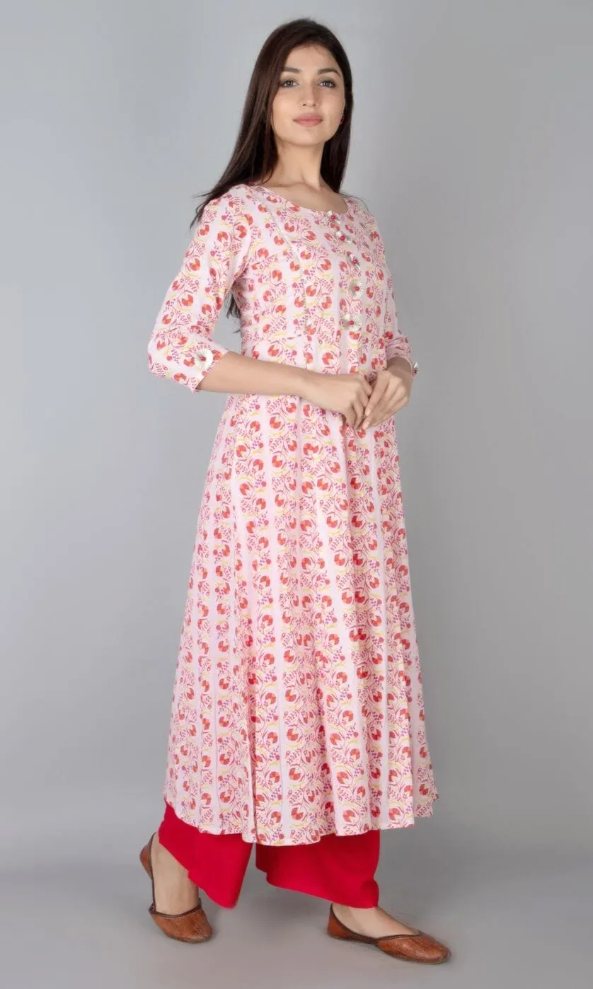 SVARCHI Women's Cotton Cambric Printed A-Line Kurta (Light Pink & Red)