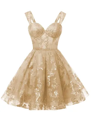 Teens Sparkly Tulle Champagne Homecoming Dresses Spaghetti Straps Short Cocktail Party Prom Dress