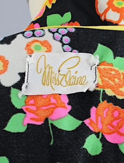 Vintage Miss Elaine Black Floral Print Nightgown