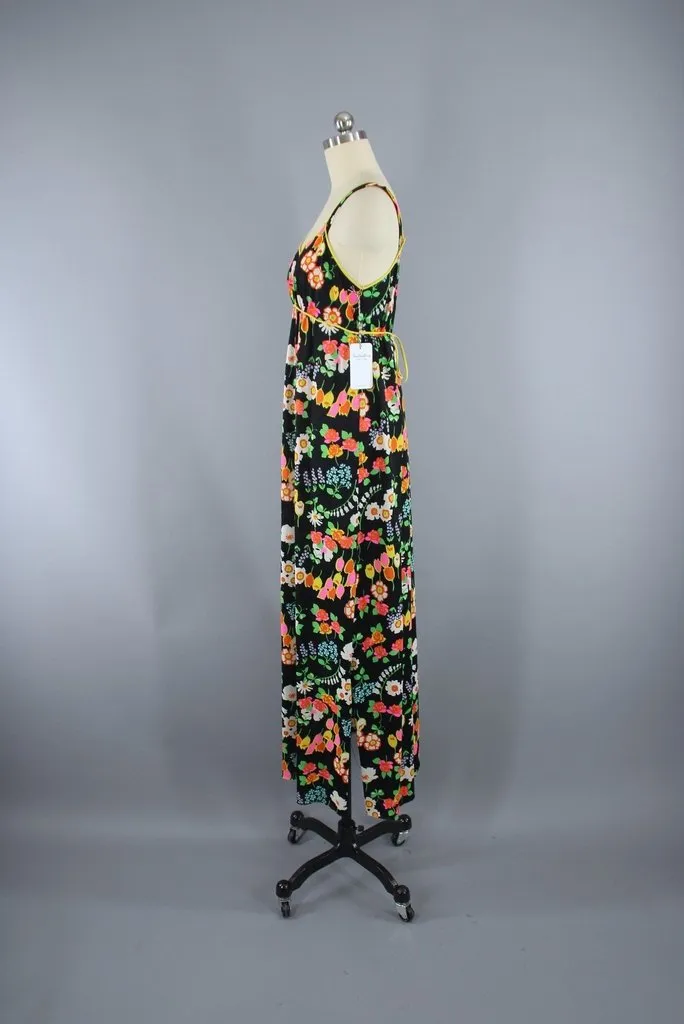 Vintage Miss Elaine Black Floral Print Nightgown