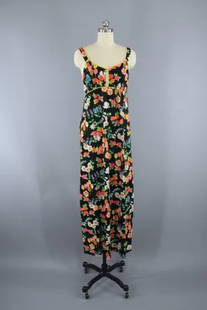 Vintage Miss Elaine Black Floral Print Nightgown