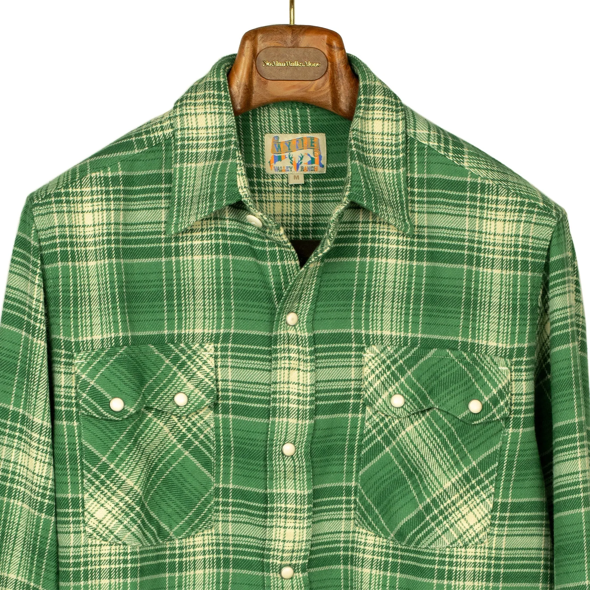 Washed flannel pearlsnap in "Evergreen Pines" rodeo plaid cotton