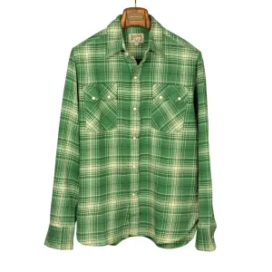 Washed flannel pearlsnap in "Evergreen Pines" rodeo plaid cotton