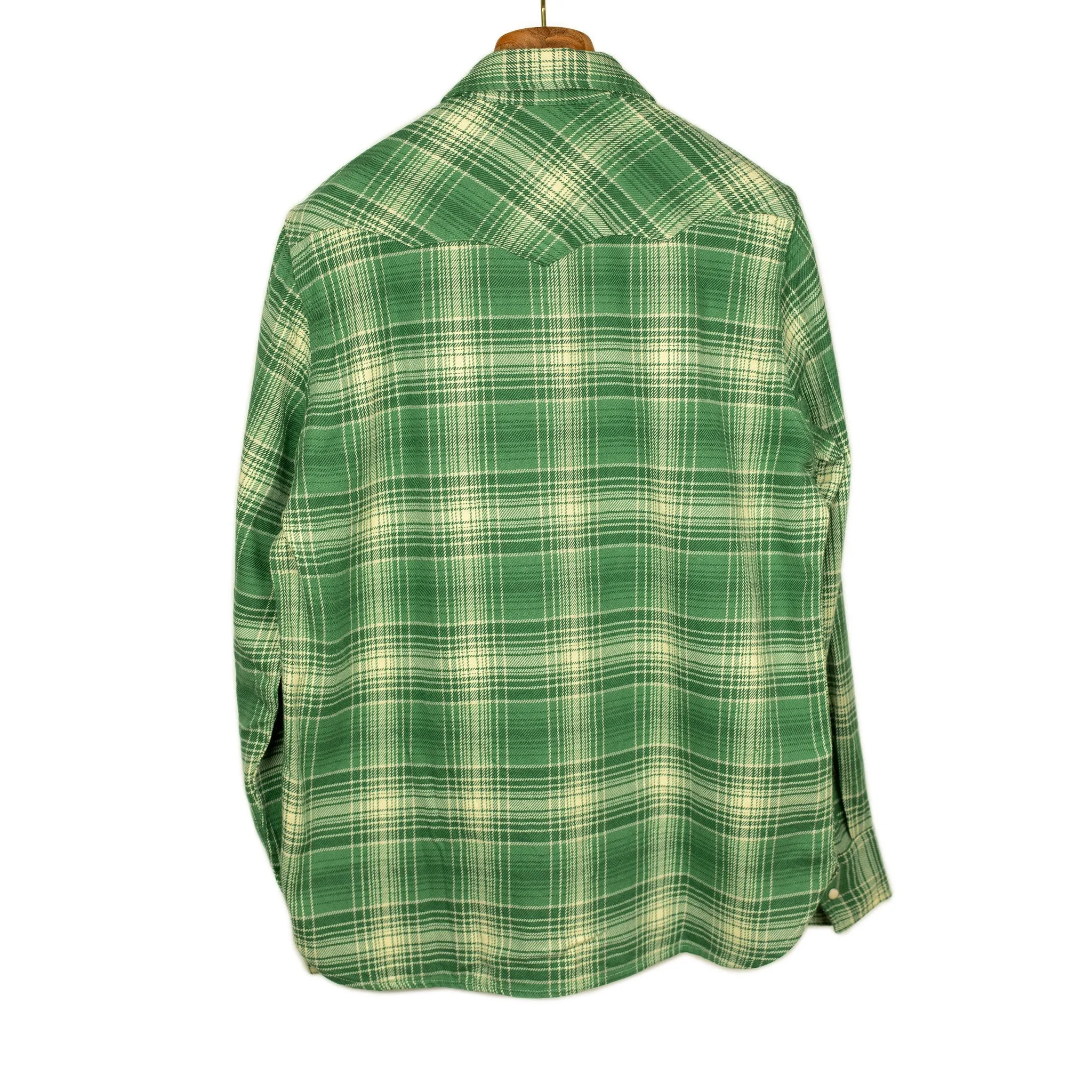 Washed flannel pearlsnap in "Evergreen Pines" rodeo plaid cotton