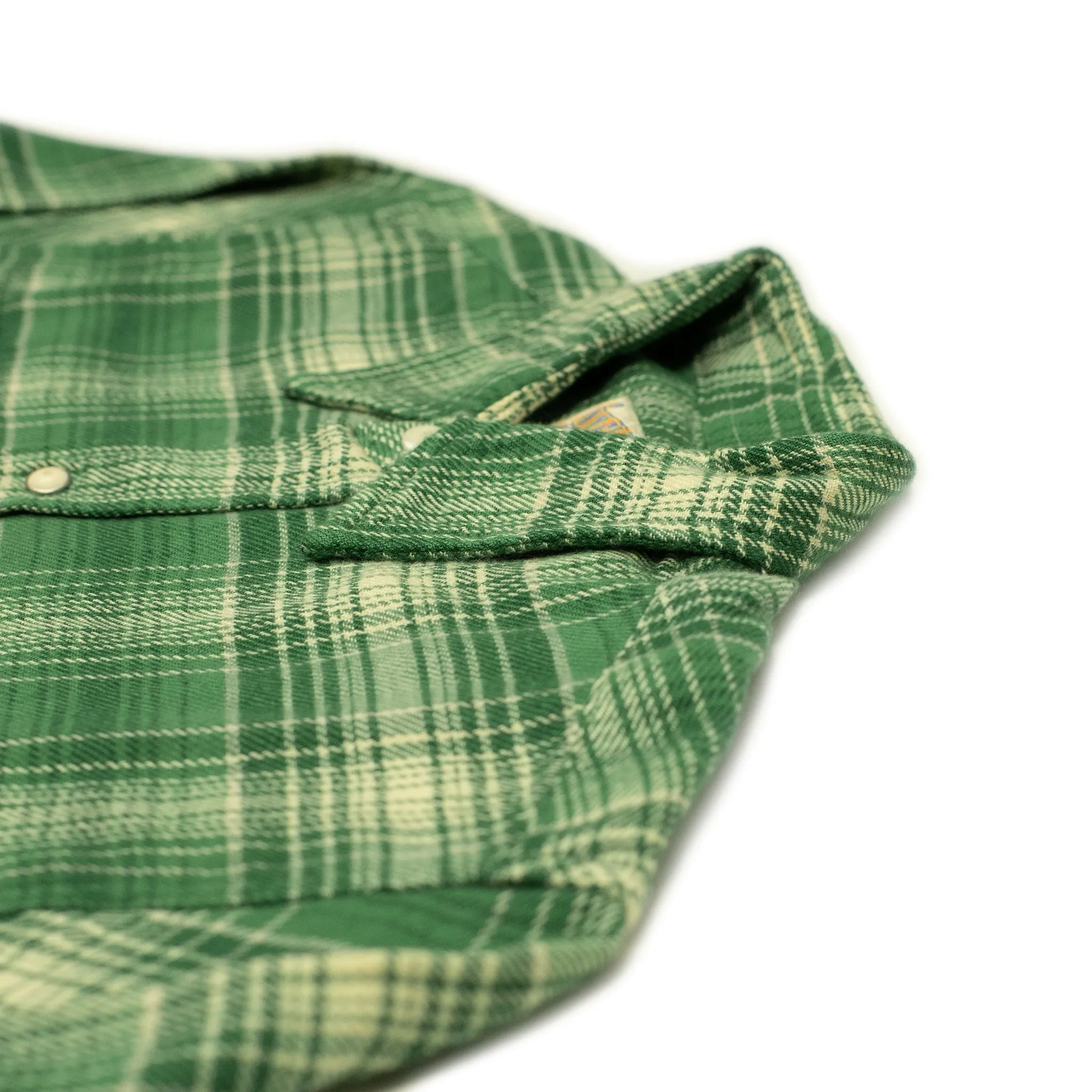 Washed flannel pearlsnap in "Evergreen Pines" rodeo plaid cotton
