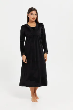 Women Black Velvet Solid Nightgown