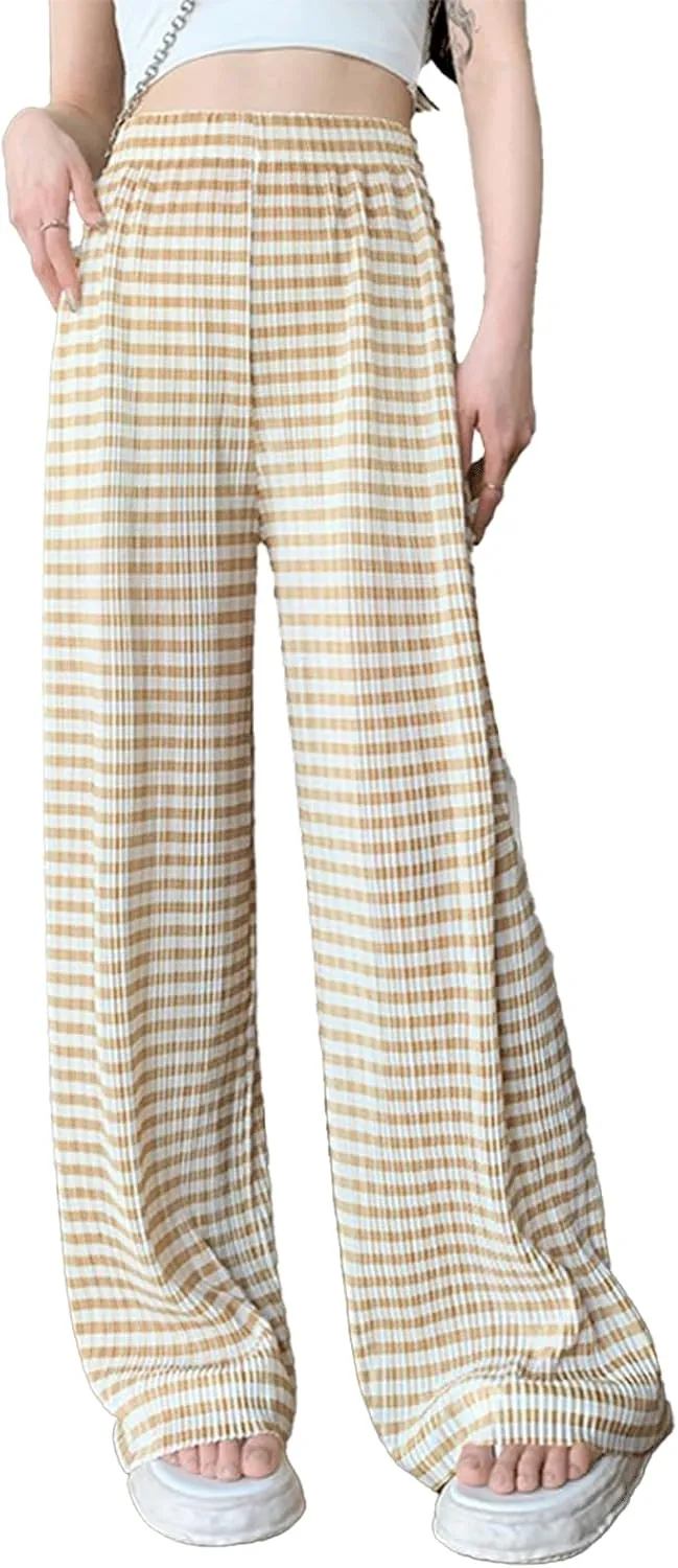 Women Gingham Pants Pleated High Waisted Y2K Checkered Pants Wide Leg Plaid Boxer Pants Casual Trousers with Pockets
