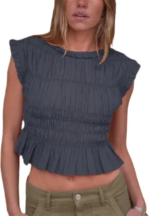 Women Tank top Summer Smocked Tops Cap Sleeve Ruffle Hem Shirred Shirt Y2k Going Out Tops Vacation Beach Outfits