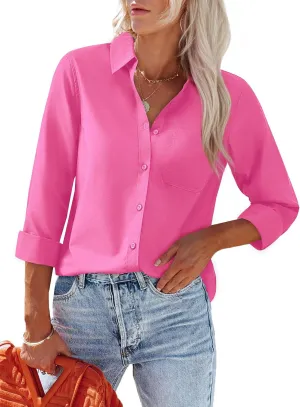 Womens Button Down Shirts Dress Shirt Collared Wrinkle Free Long Sleeve Blouse Office Tunics Tops with Pockets