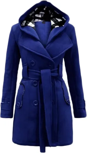Women's Double Breasted Pea Coat Hooded Long Winter Trench Coat Belted Sexy Fashion Coat