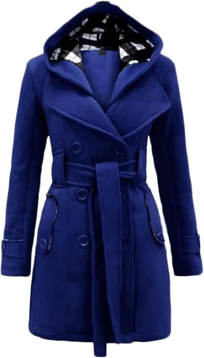 Women's Double Breasted Pea Coat Hooded Long Winter Trench Coat Belted Sexy Fashion Coat