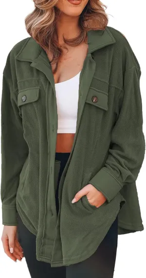 Womens Fleece Button Down Shacket Jacket Shirts Lapel Collar Long Sleeve Boyfriend Tops Casual Loose Fall Blouses