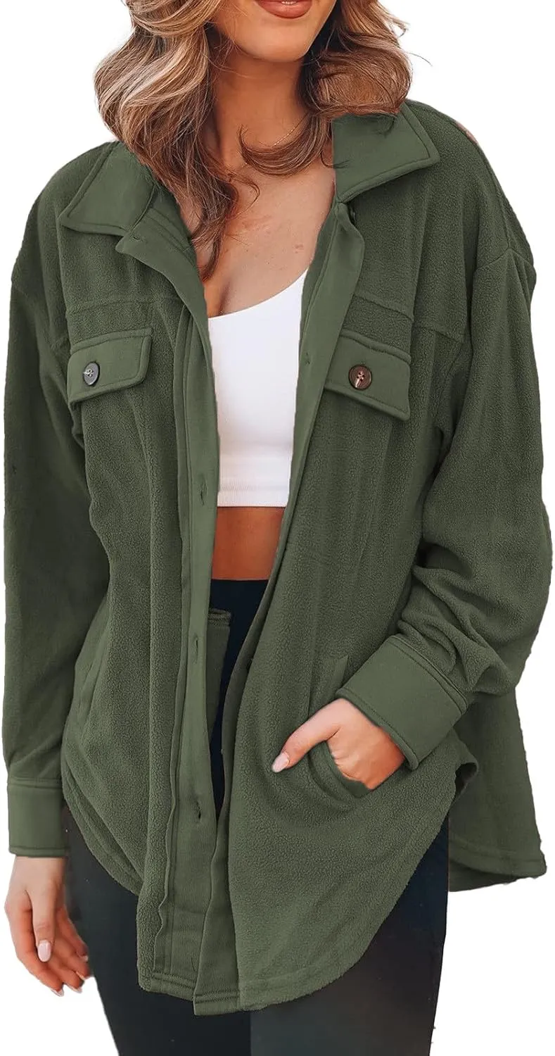 Womens Fleece Button Down Shacket Jacket Shirts Lapel Collar Long Sleeve Boyfriend Tops Casual Loose Fall Blouses