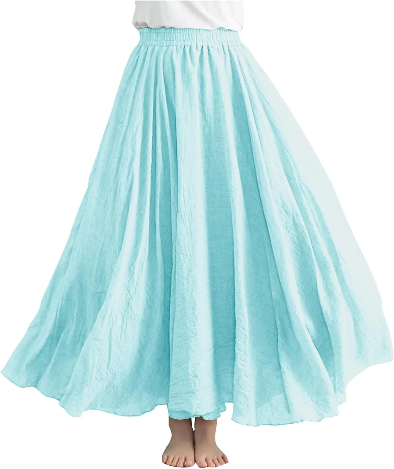 Womens Linen Maxi Skirts Summer Boho Solid Beach Elastic High Waist Pleated A-Line Flowy Swing Long Maxi Skirts