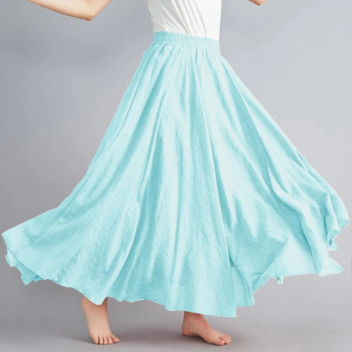 Womens Linen Maxi Skirts Summer Boho Solid Beach Elastic High Waist Pleated A-Line Flowy Swing Long Maxi Skirts