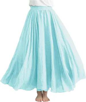 Womens Linen Maxi Skirts Summer Boho Solid Beach Elastic High Waist Pleated A-Line Flowy Swing Long Maxi Skirts
