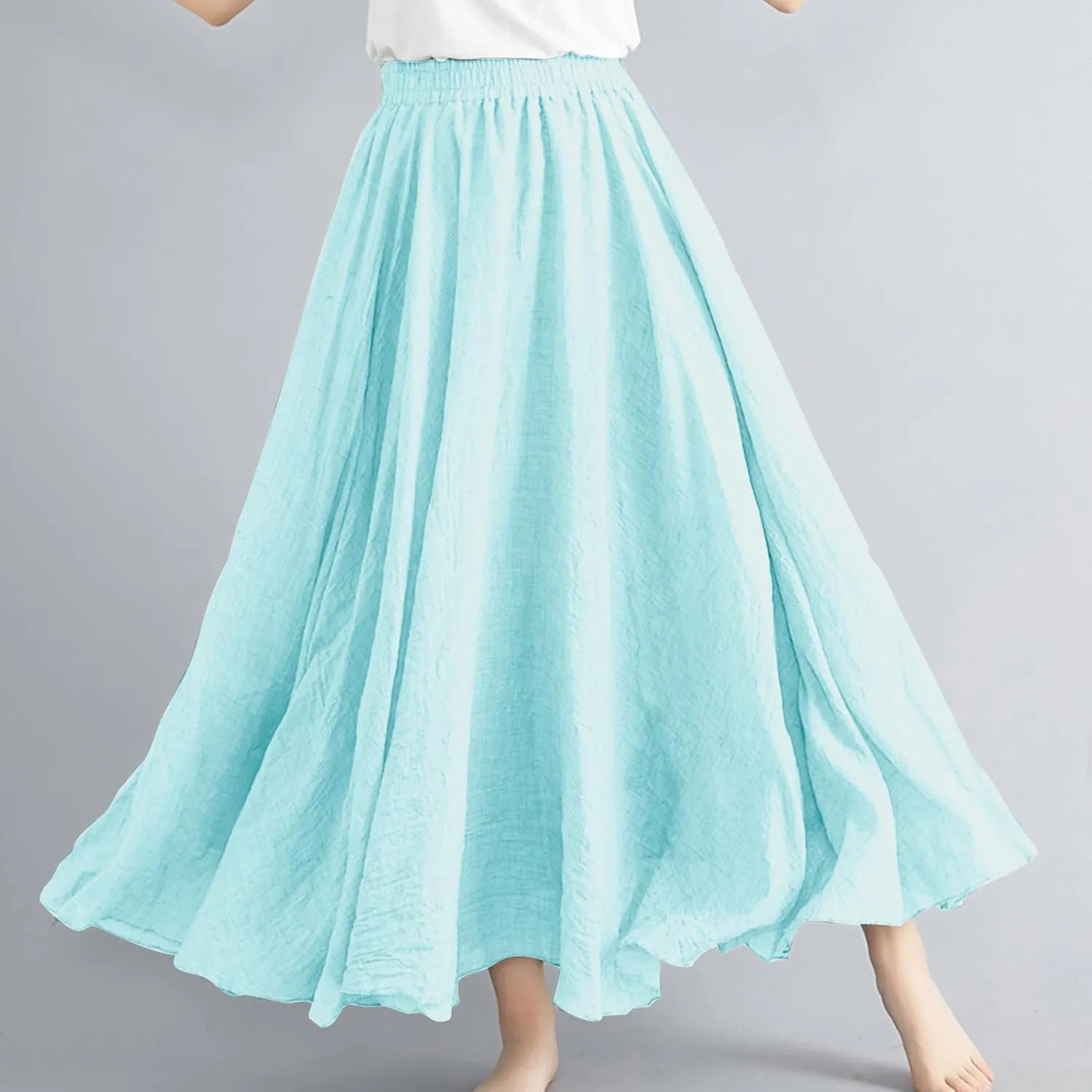 Womens Linen Maxi Skirts Summer Boho Solid Beach Elastic High Waist Pleated A-Line Flowy Swing Long Maxi Skirts
